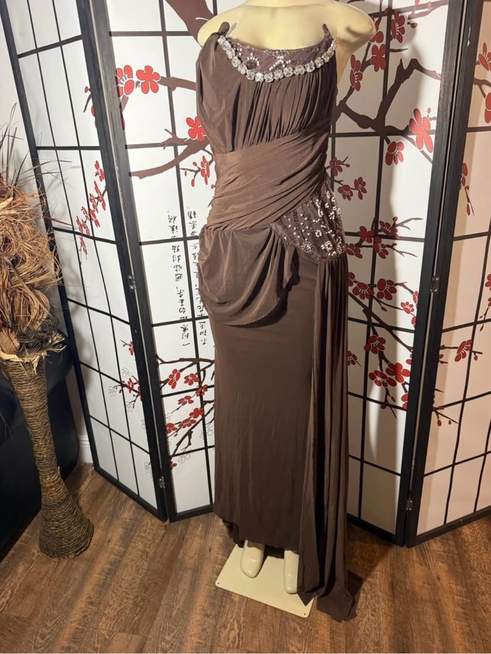 Brown One-Shoulder Beaded Draped Prom Dress